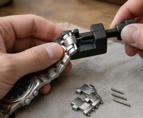 Händer som trycker ut ett stift ur ett klockarmband i stål med ett kortningsverktyg