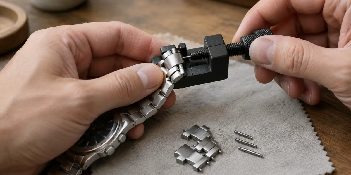 Händer som trycker ut ett stift ur ett klockarmband i stål med ett kortningsverktyg