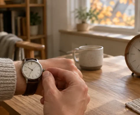 Hand som vrider på kronan för att ställa om ett armbandsur en höstmorgon