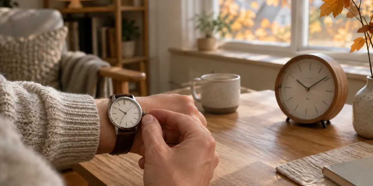 Hand som vrider på kronan för att ställa om ett armbandsur en höstmorgon